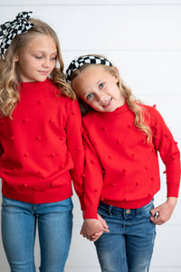 Kids Red Pom Pom Crewneck Sweater