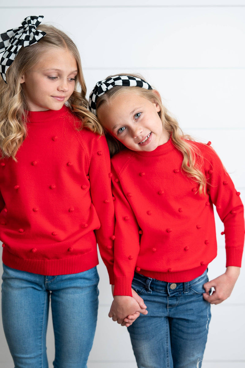 Kids Red Pom Pom Crewneck Sweater