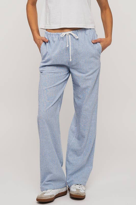 Blue Pinstripe Drawstring Wide Leg Lounge Pants in Blue