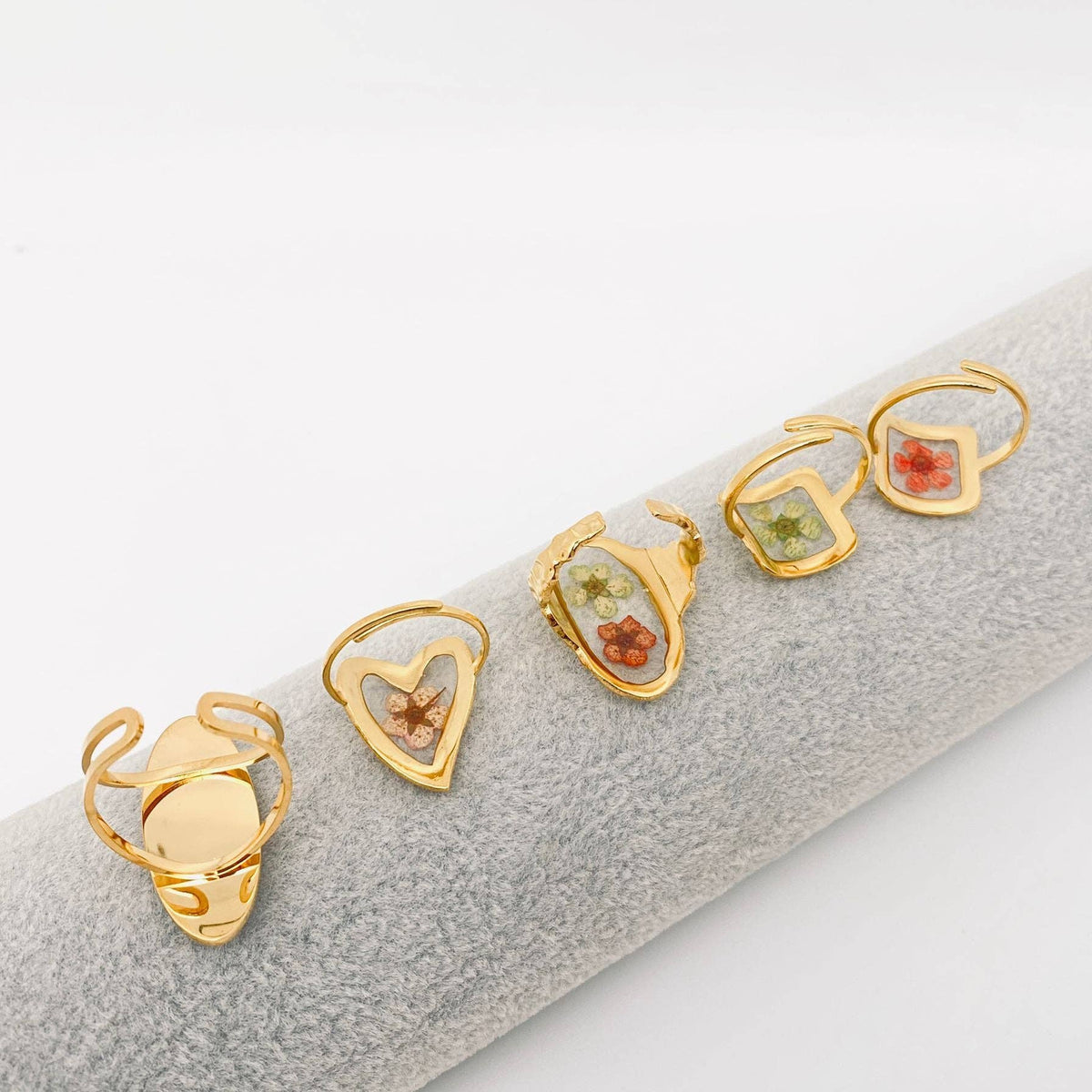 18K Gold Plated Stainless Steel Floral Ring - FGS/PDF: Square - Green