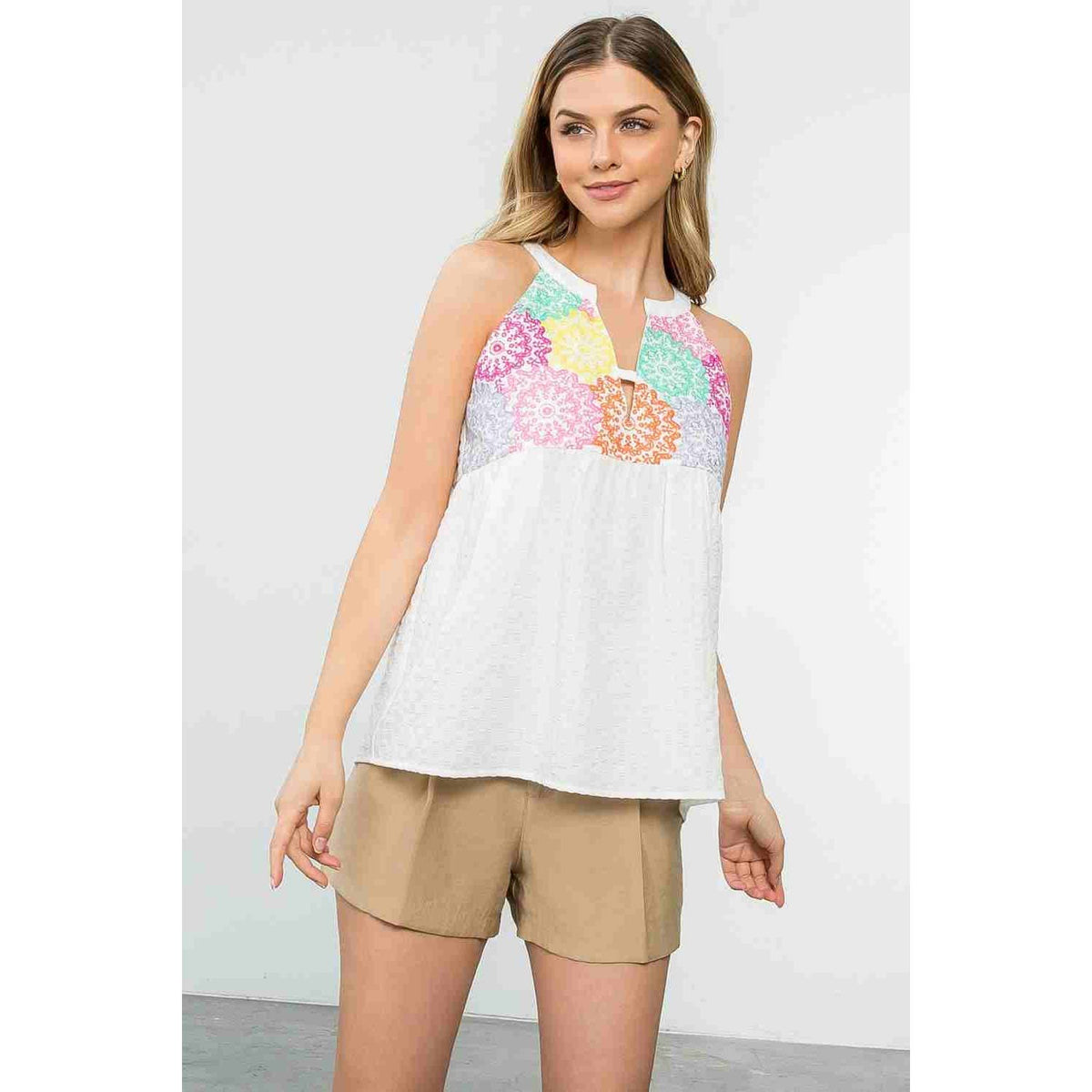Embroidered Halter Neck Top in White
