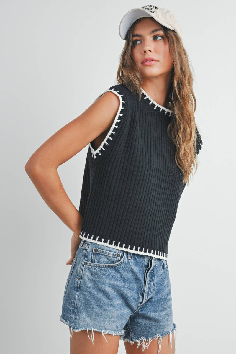 Solid Cap Sleeve Sweater Vest in Ivory and Black