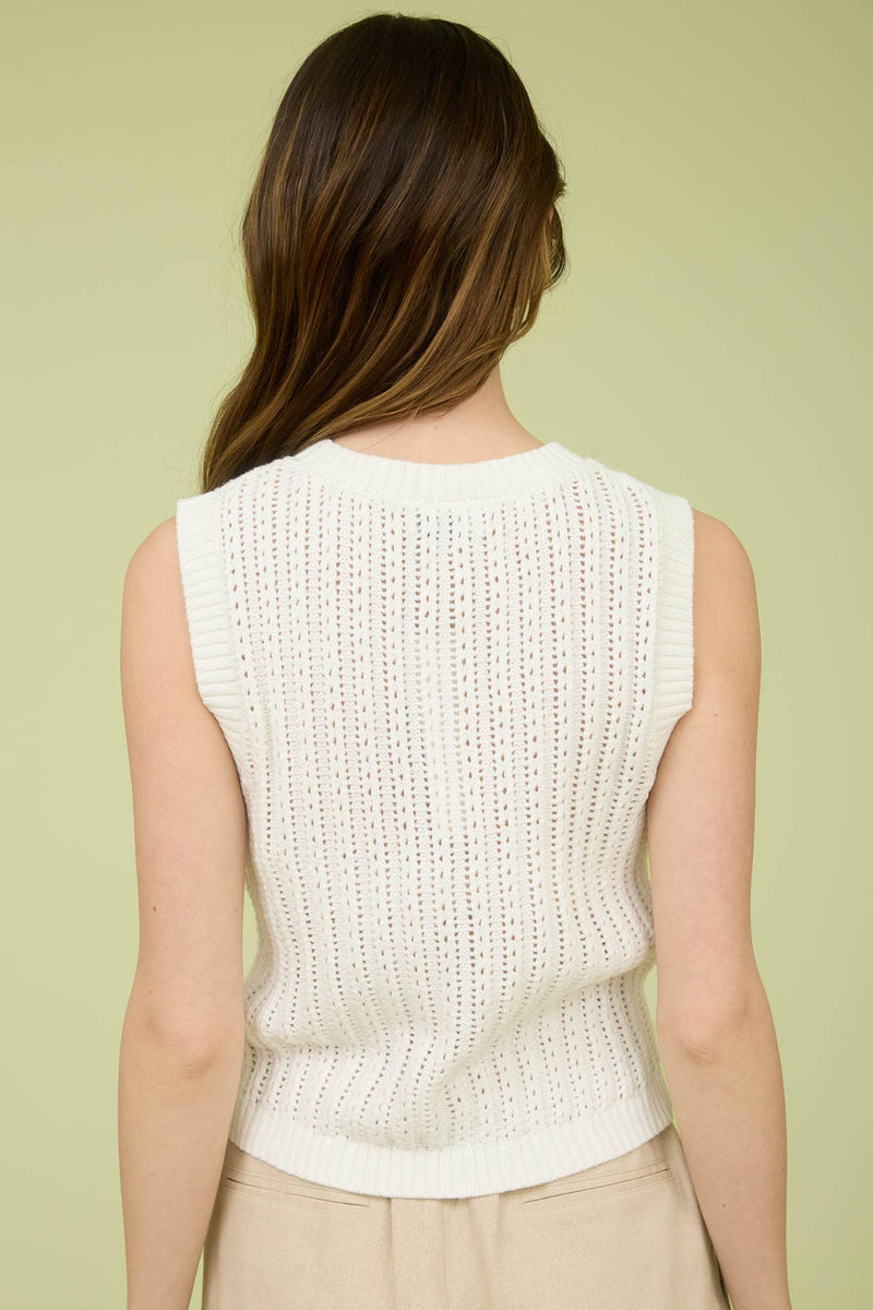 Crew Neck Button Down Sleeveless Knit Cardigan in Black