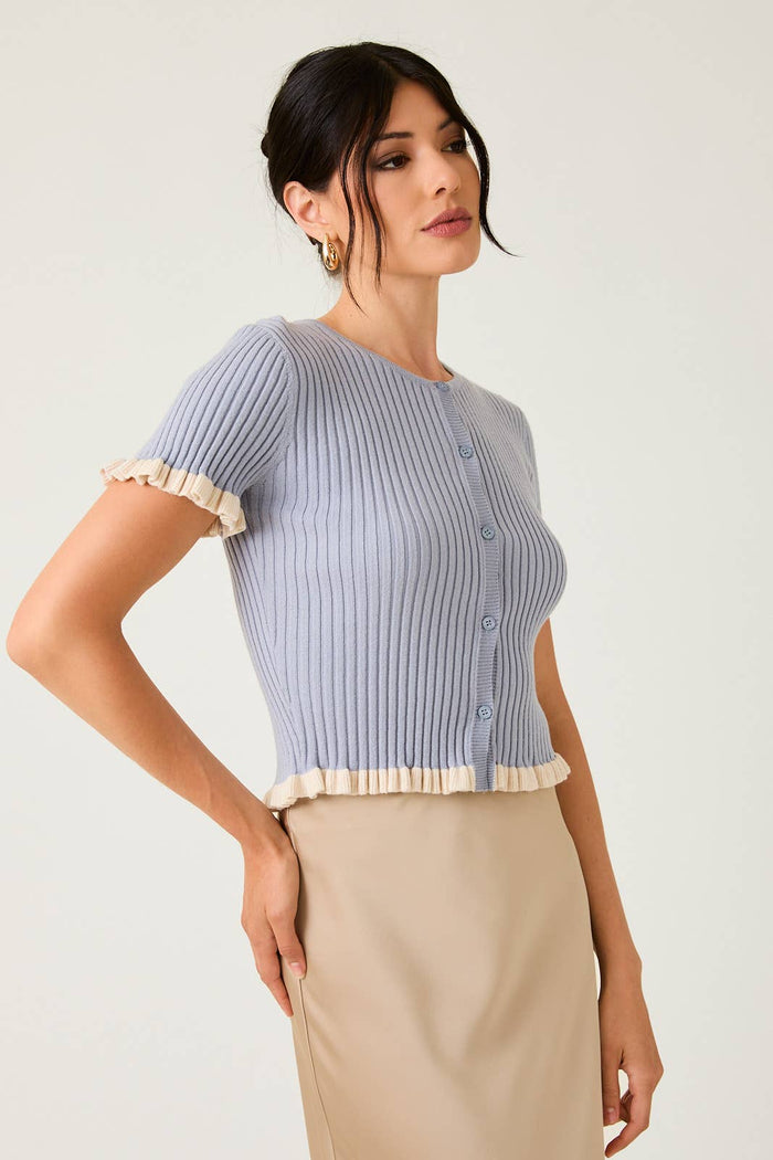 Button Down Ruffle Detail Ribbed Top in Dusty Blue-Cream