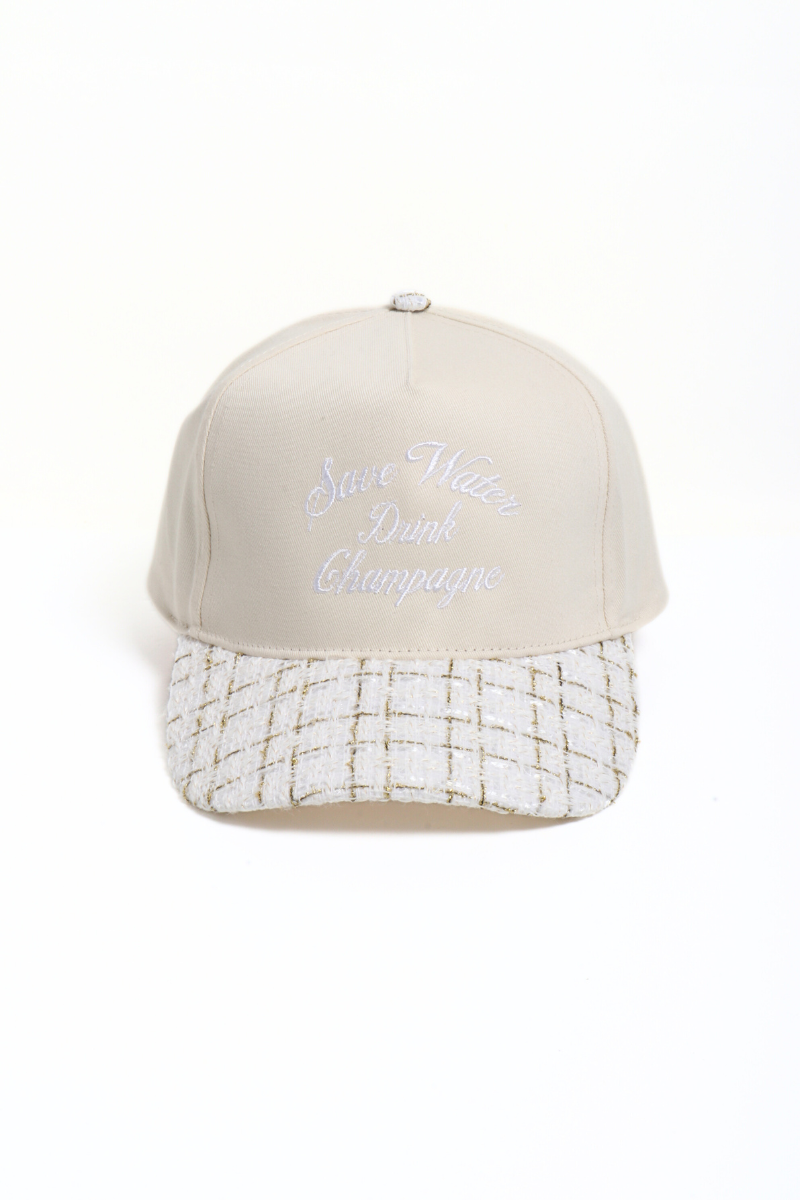 SAVE WATER DRINK CHAMPAGNE embroidered tweed brim cap: Beige