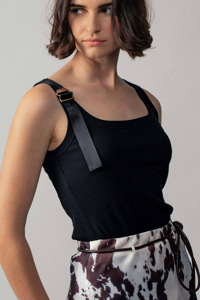 Ribbed Knit Tank Top with Buckle Strap in Black