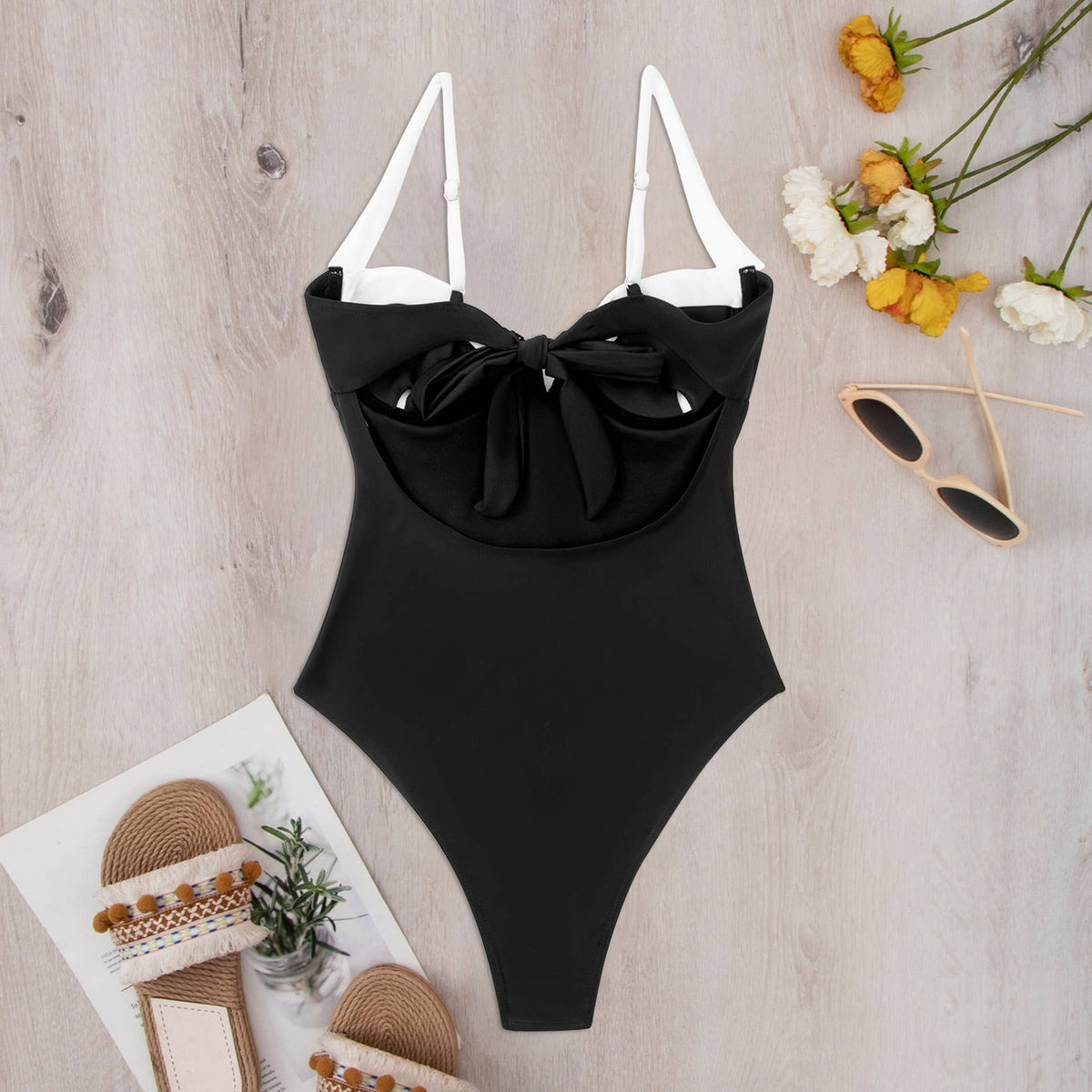 Classic black white contrast tankini one piece swimsuit