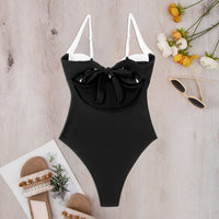 Classic black white contrast tankini one piece swimsuit