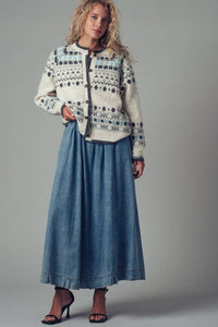** Nordic Pattern Button-Up Knit Cardigan in Ivory S/M-3:M/L-3