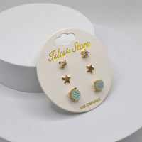 3 Pairs Small Stud Star with Stone/Metal Star/Druzy Earrings: Rose Gold