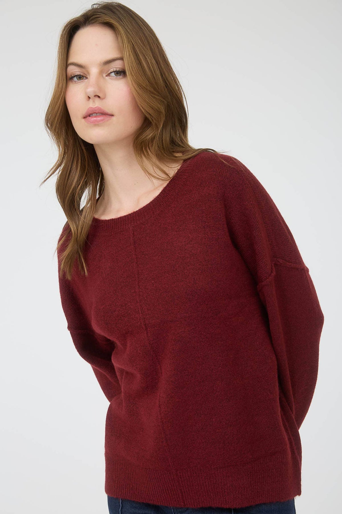 Knit Sweater with Front Seam Detail in Burgundy