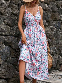 Printed Strap V-neck Dress in White