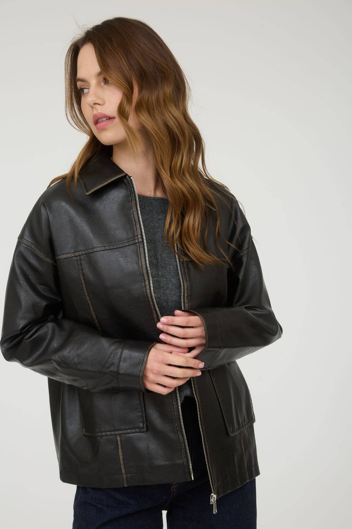 Washed Faux Leather Collared Zip Up Jacket in Black