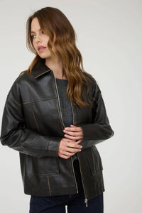 Washed Faux Leather Collared Zip Up Jacket in Black