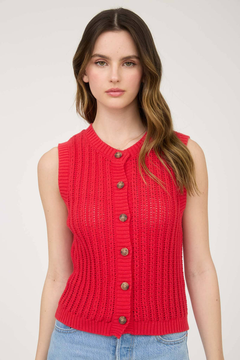 Crew Neck Button Down Sleeveless Knit Cardigan in Black