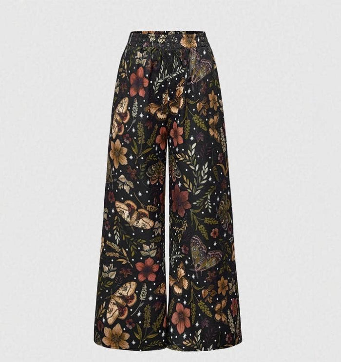 Vacation Vintage Moth Plant Floral Print Wide Leg Pants