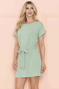 Boat Neck Short Dress With Waist Tie Belt in Sage