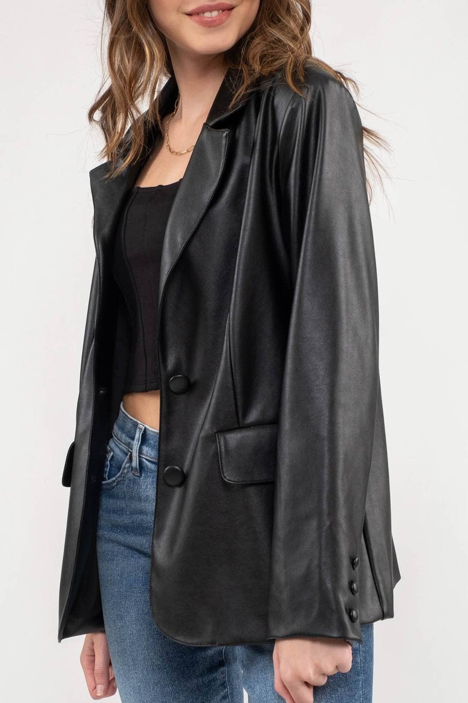 Notch Collar Faux Leather Blazer