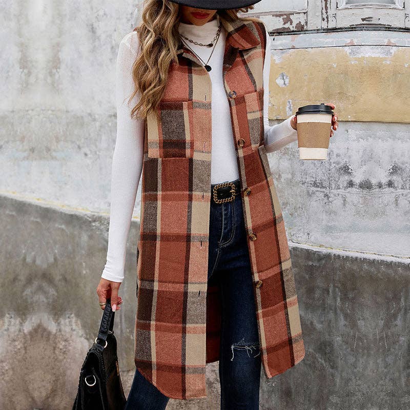 Retro Plaid Vest in Orange & Coffee