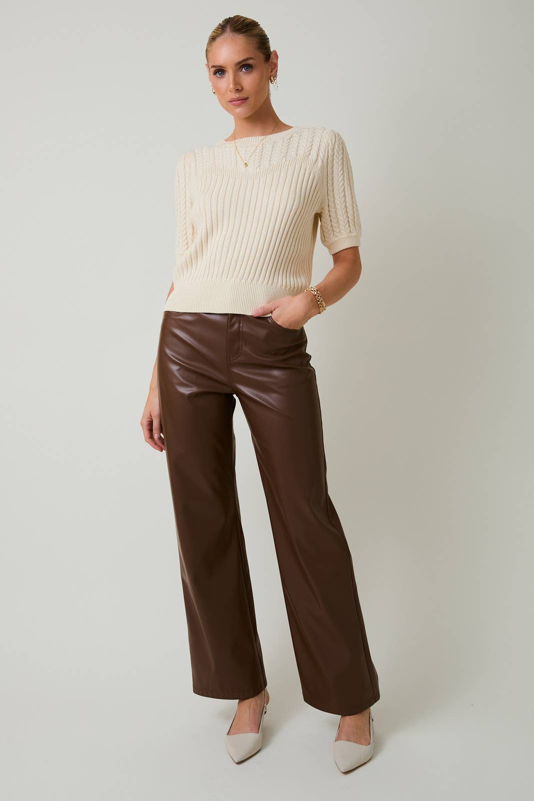 ROUND NECK PUFF SHORT SLEEVE CABLE SWEATER: APRICOT / M