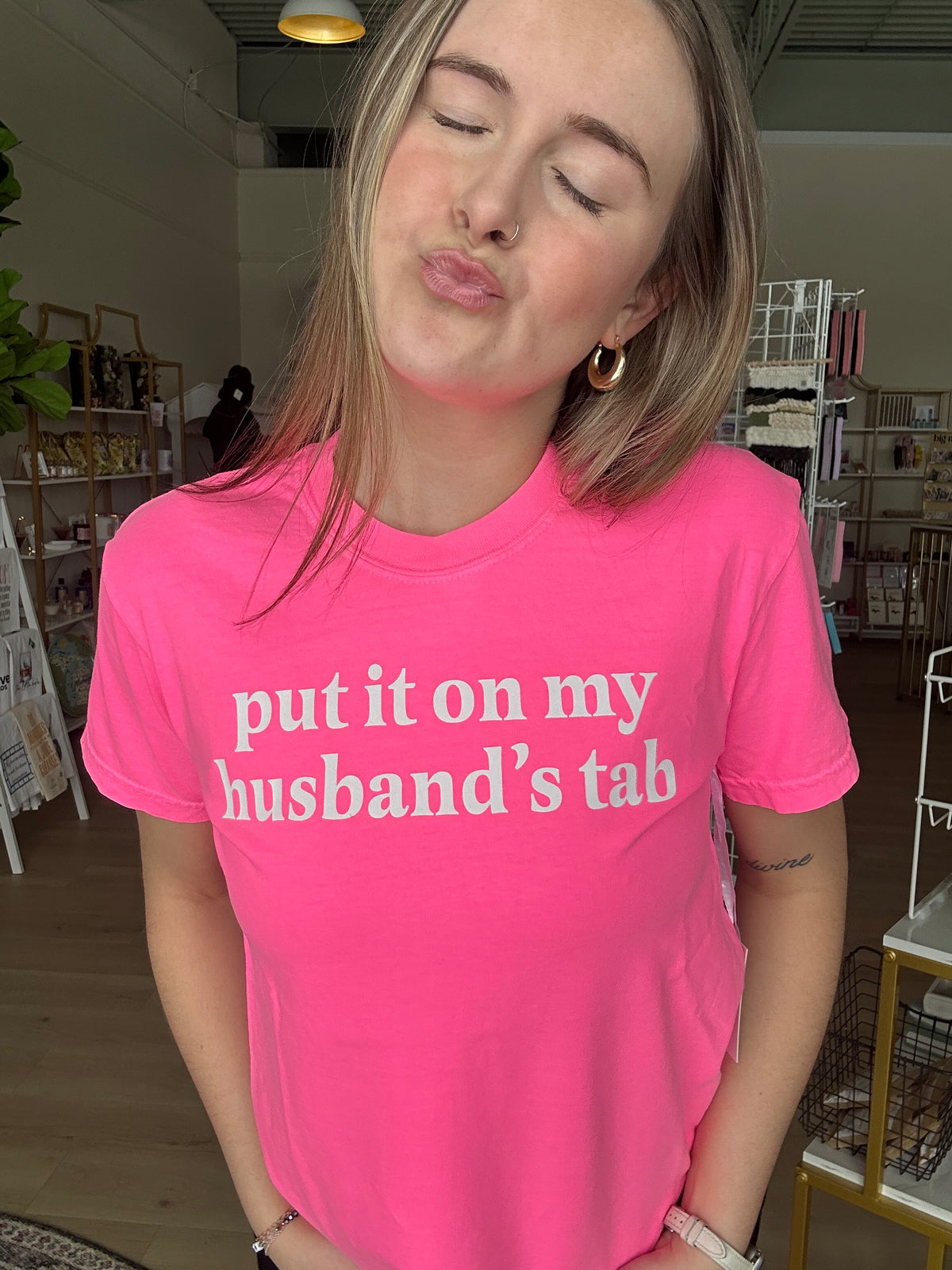 On My Husband's Tab T-Shirt in Neon Pink