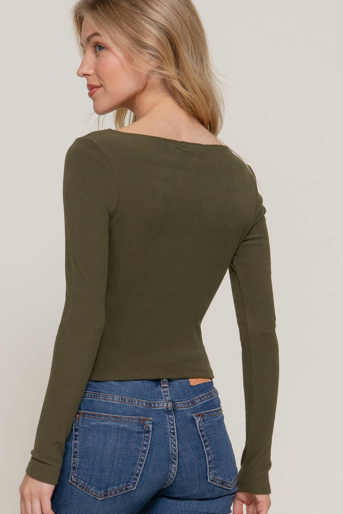 Long Sleeve Boat Neck Top in Olive