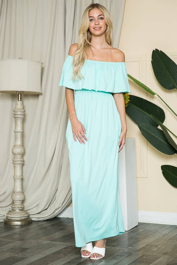 Off Shoulder Maxi Dress with Pocket in Mint The Care Boutique Off Shoulder Maxi Dress with Pocket in Mint The Care Boutique
