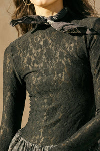 Sheer Lace Drop-Waist Bubble Mini Dress in Black