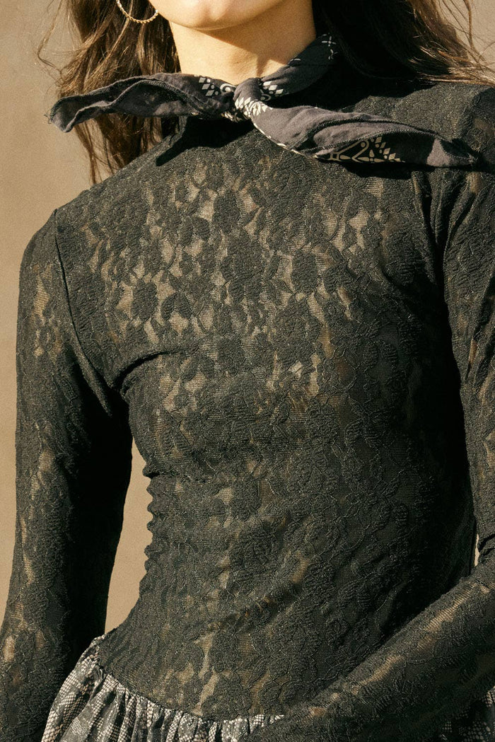 Sheer Lace Drop-Waist Bubble Mini Dress in Black