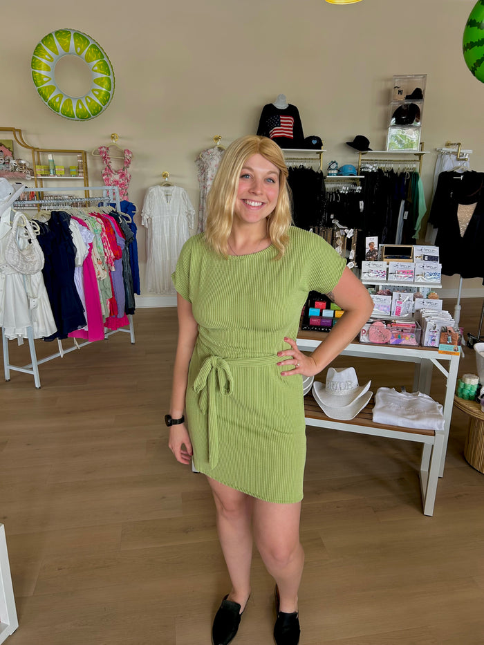 Boat Neck Short Dress With Waist Tie Belt in Sage