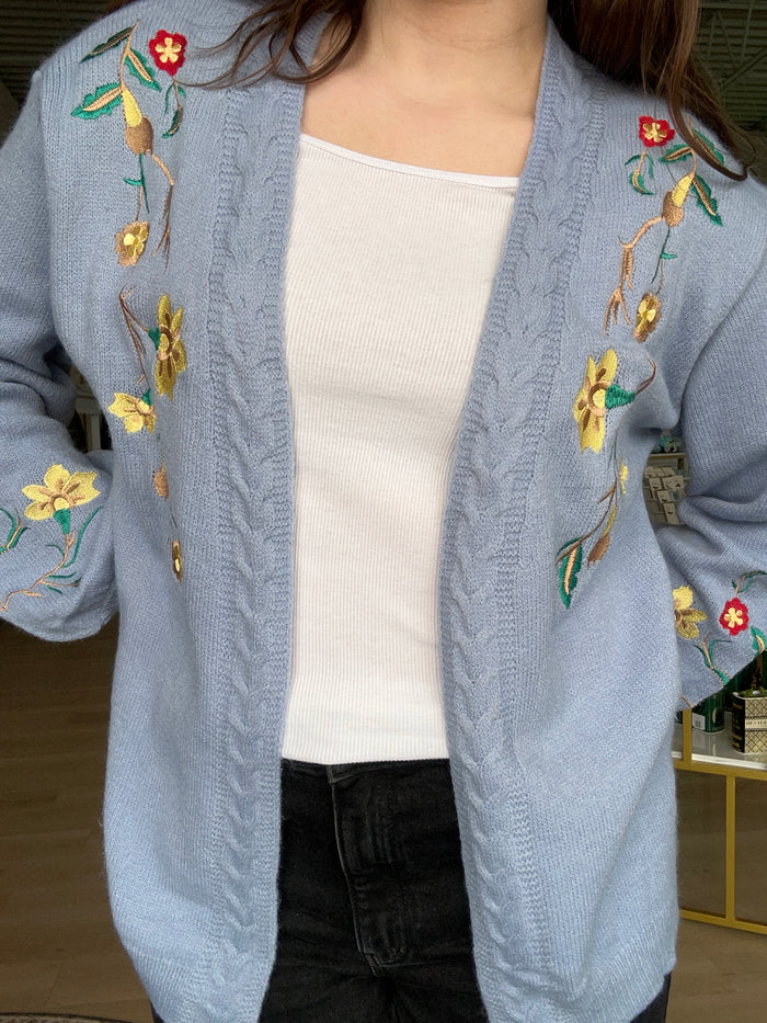 Floral Knit Cardigan in Blue