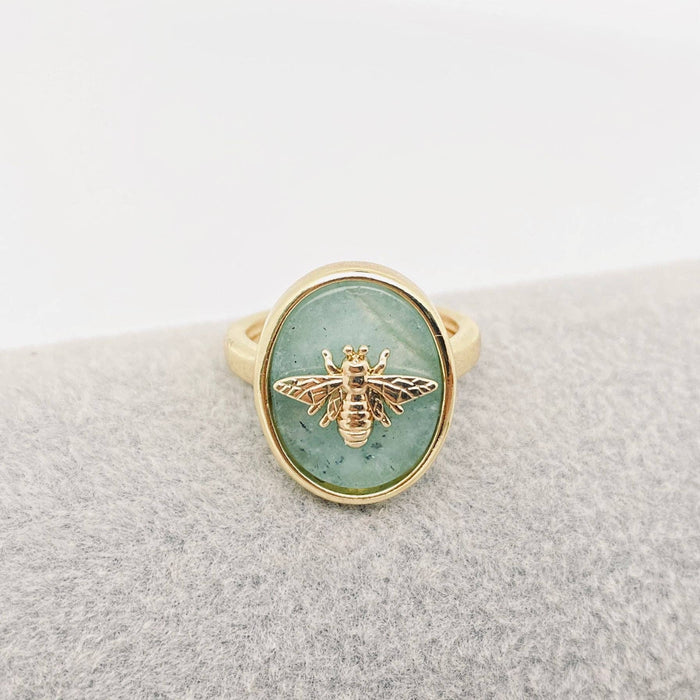 Natural Stone Golden Bee Adjustable Ring, Green Aventurine