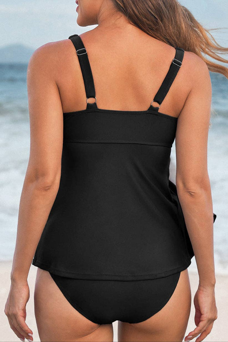 Solid Black V-Neck Tankini Top