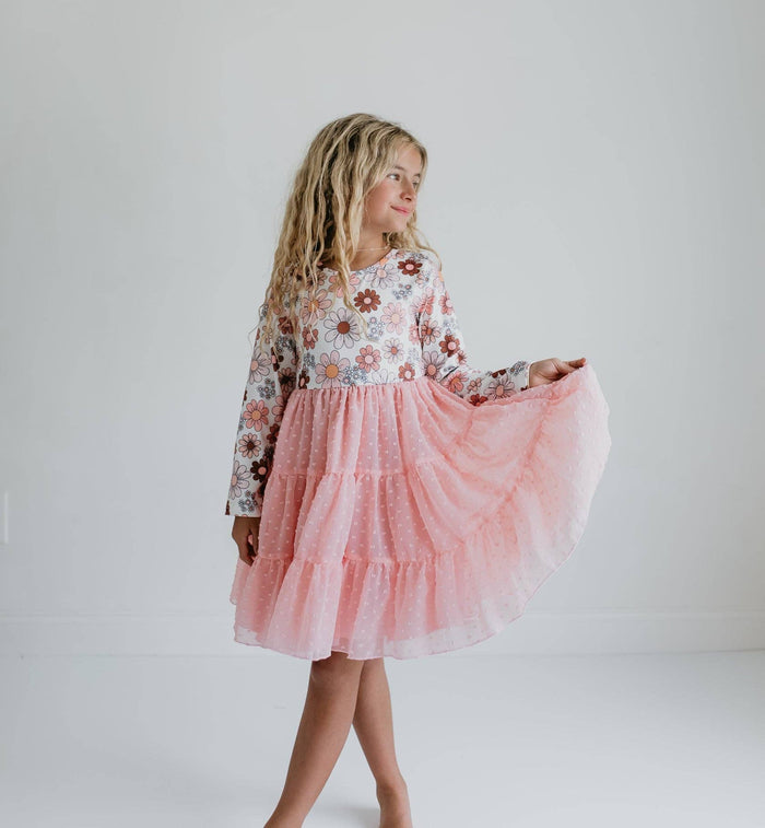 Girls Pink Retro Floral Print, Tiered-Tulle Fall Dress