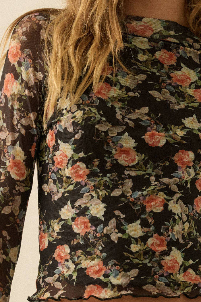 Floral Mesh Mock-Neck Thumbhole Raglan Top in Black