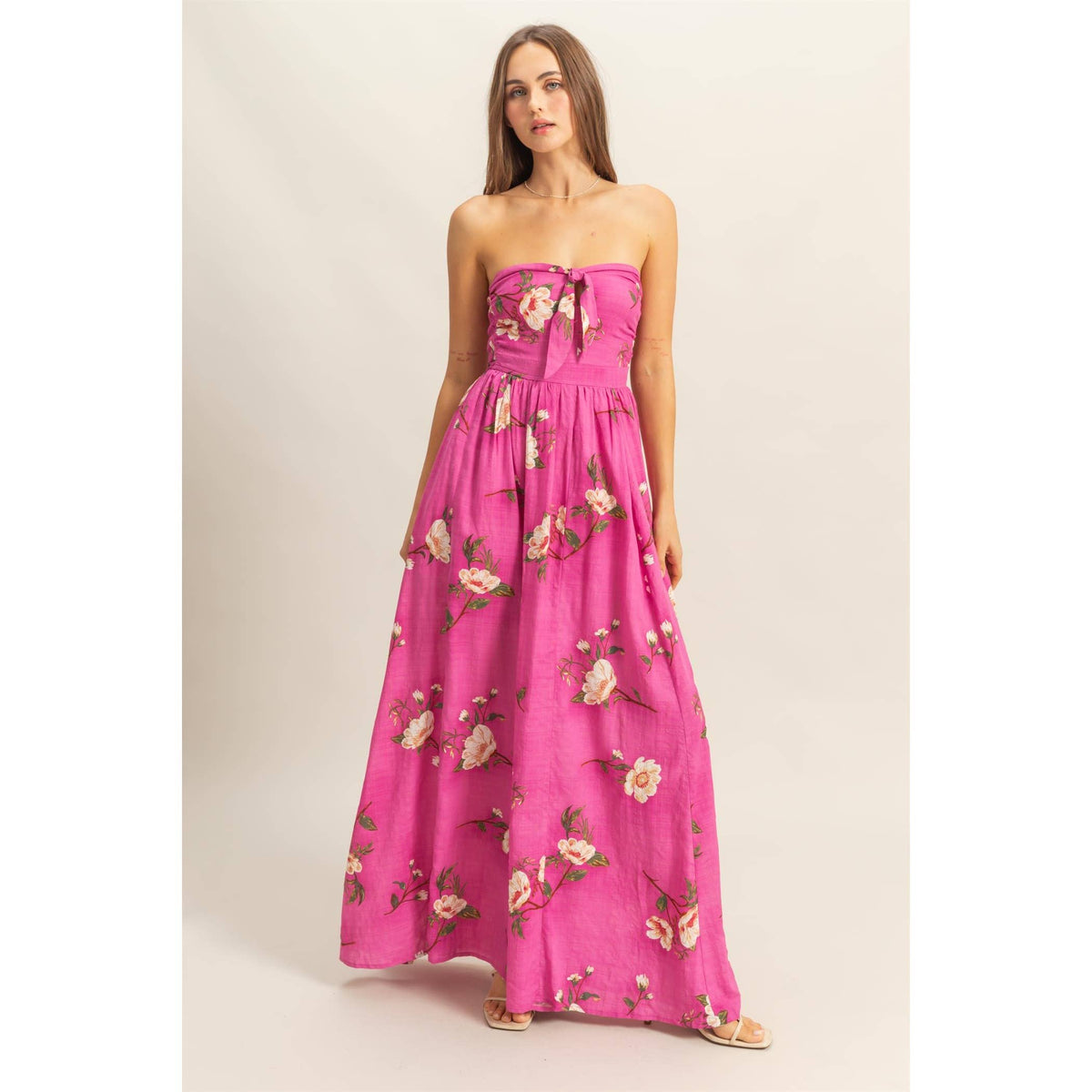 Floral Print Strapless Jumpsuit in Magenta