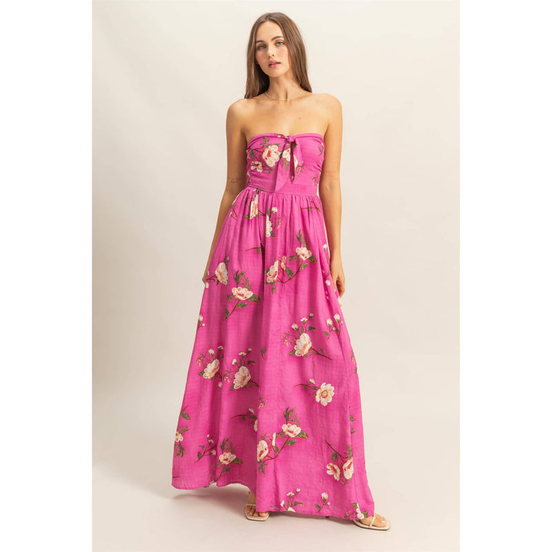 Floral Print Strapless Jumpsuit in Magenta