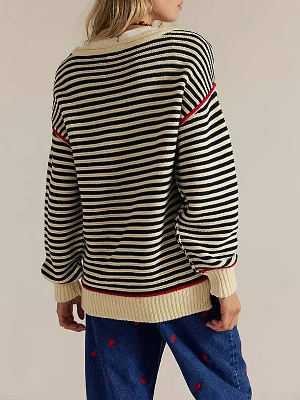 * Drop Shoulder Oversized Knit Sweater Pullover in Beige Stripe