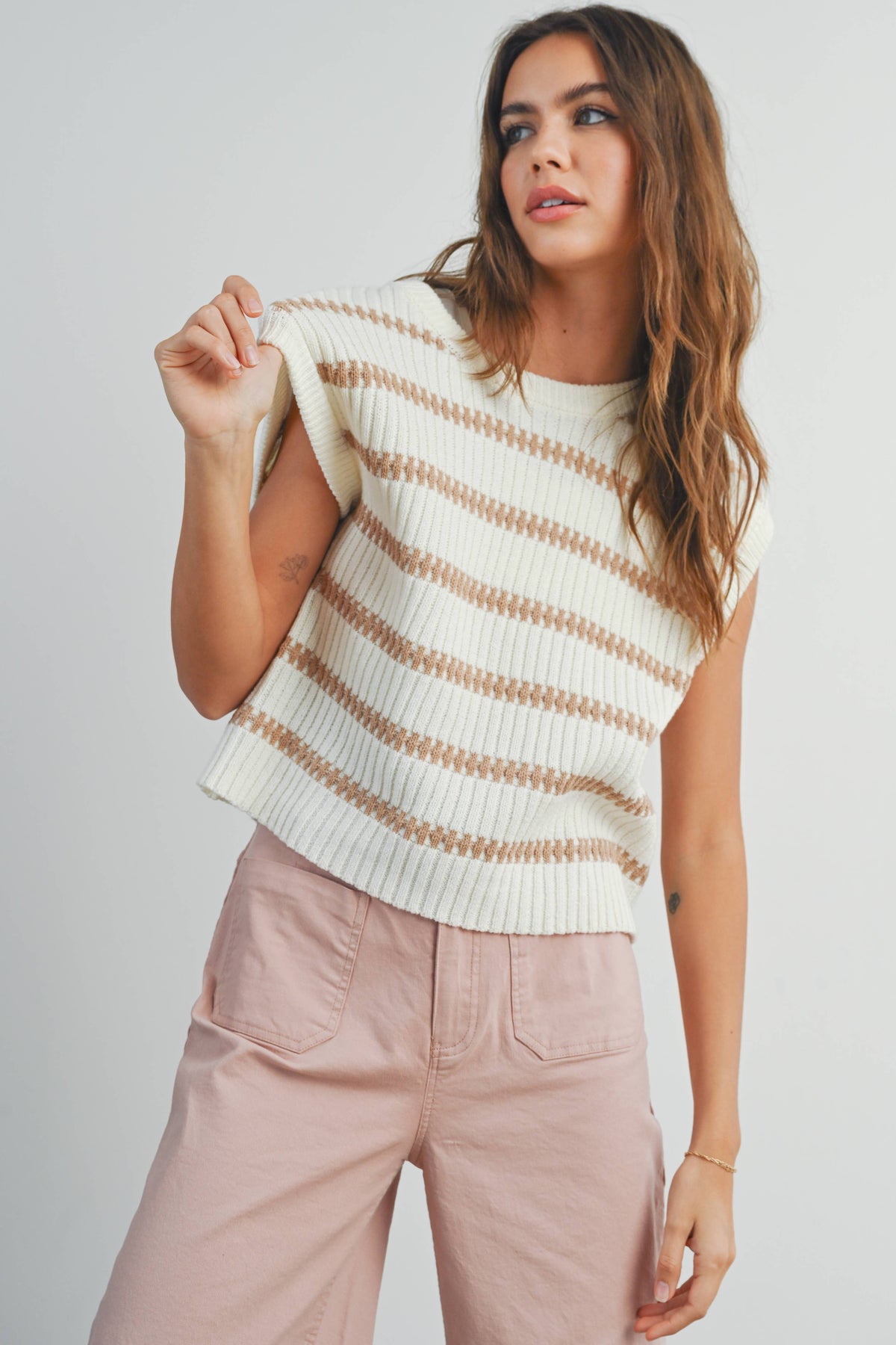 Crew Neck Striped Knit Tank Top in Ivory and Green