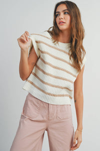 Crew Neck Striped Knit Tank Top in Ivory and Green