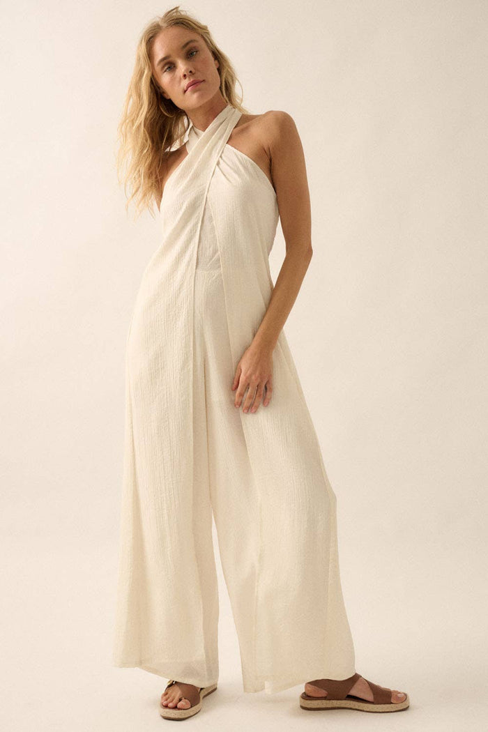 Wide-Leg Convertible Halter Jumpsuit in Natural Color