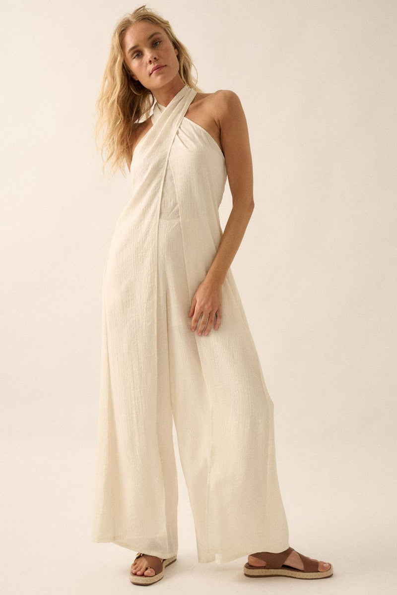 Wide-Leg Convertible Halter Jumpsuit in Natural Color