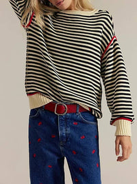 * Drop Shoulder Oversized Knit Sweater Pullover in Beige Stripe