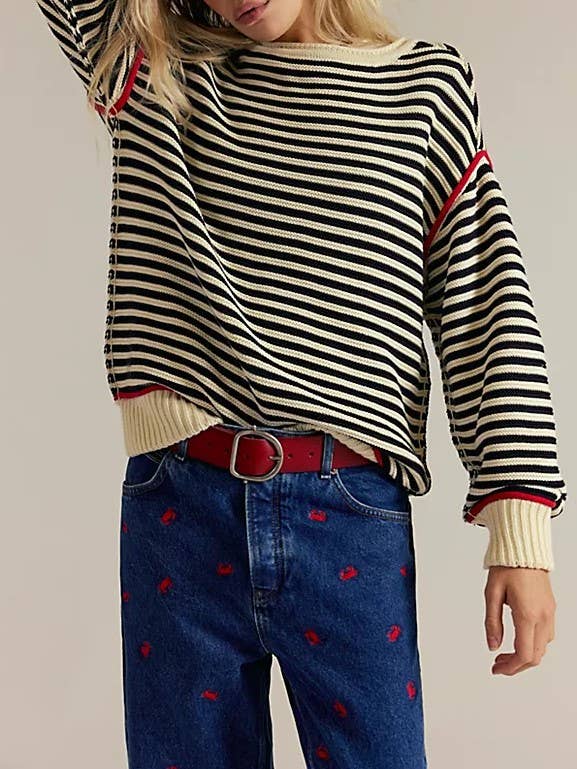 * Drop Shoulder Oversized Knit Sweater Pullover in Beige Stripe