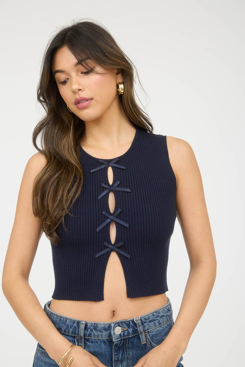 Cutout Bow Detail Ribbed Sweater Top in Dark Olive