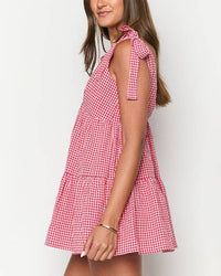 Gingham Bow-Strap V-Neck Ruffled Mini Dress in Red