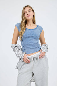 Scoop Neck Short Sleeve Knit Top in Blue