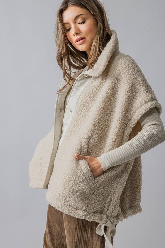 Button Up Teddy Fleece Vest in Cream