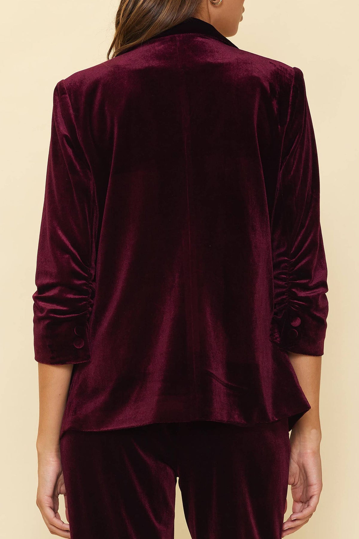 Velvet Blazer with Ruched Sleeves in Burgundy