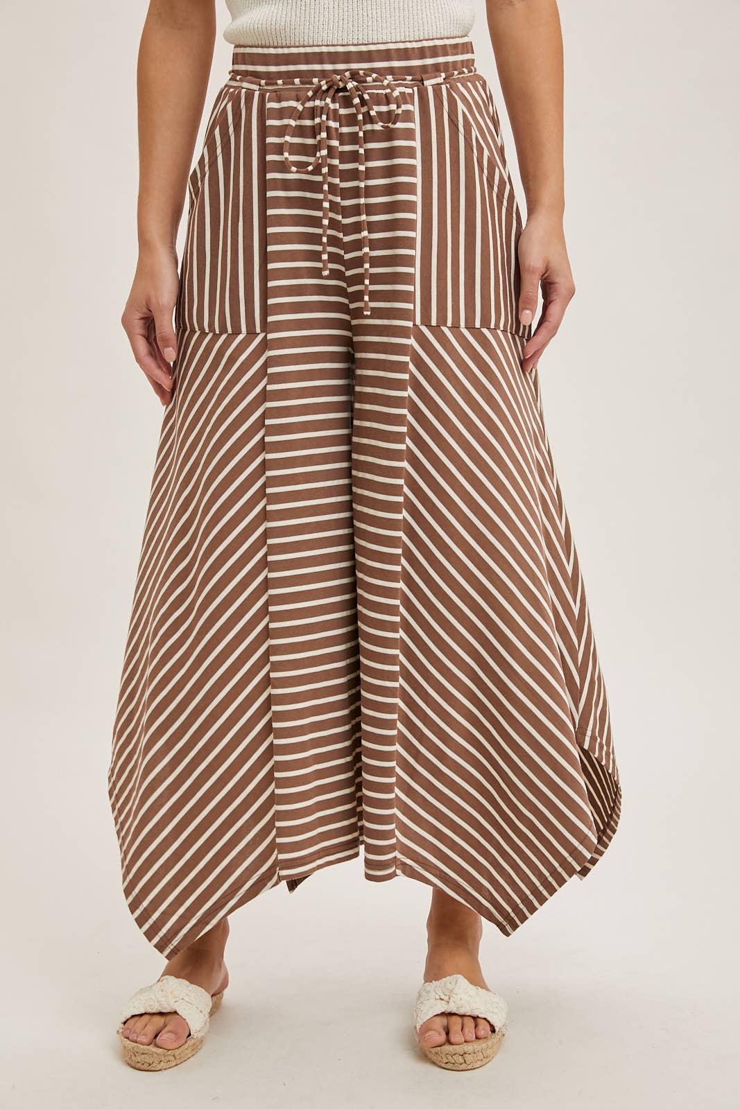 Drawstring Striped Wide Leg Palazzo Pants in Coco Combo